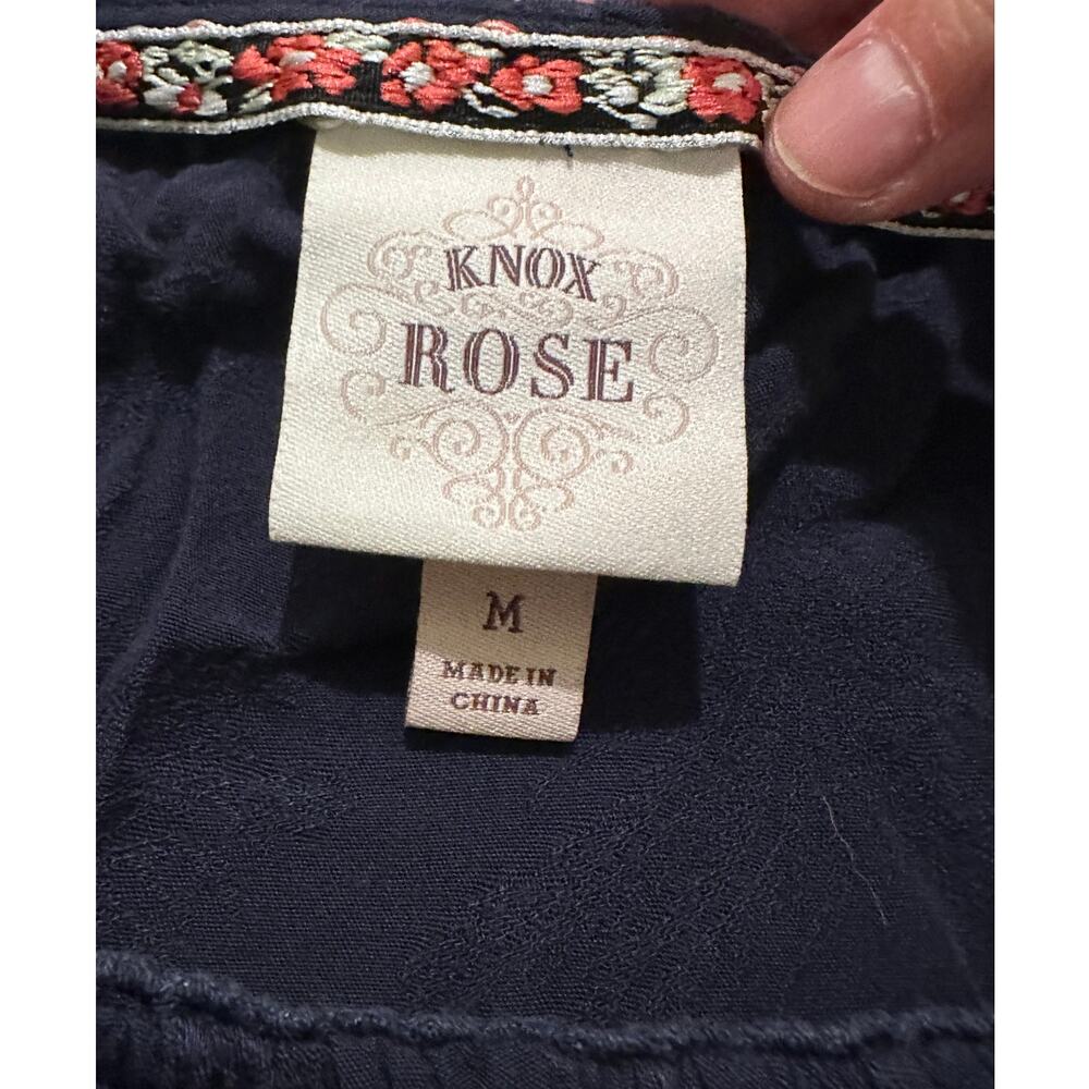 Knox Rose Navy Blue Embroidered Floral Boho Scoop Neck Peasant Top Rayon M - Picture 3 of 8